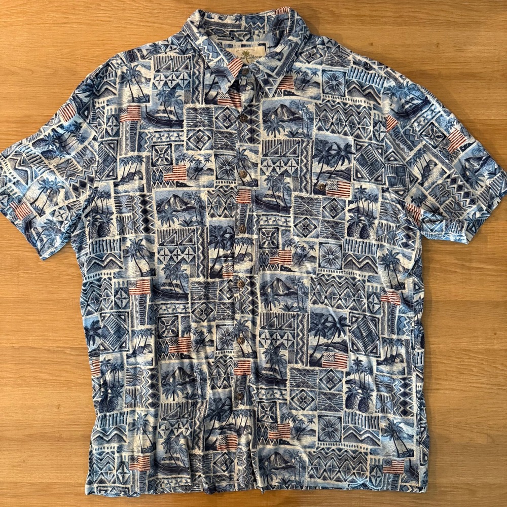 Island Shores Mens XL Blue Rayon Aloha Shirt American Flag Tropical Patchwork